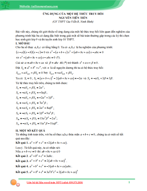 Ứng dụng của một hệ thức truy hồi